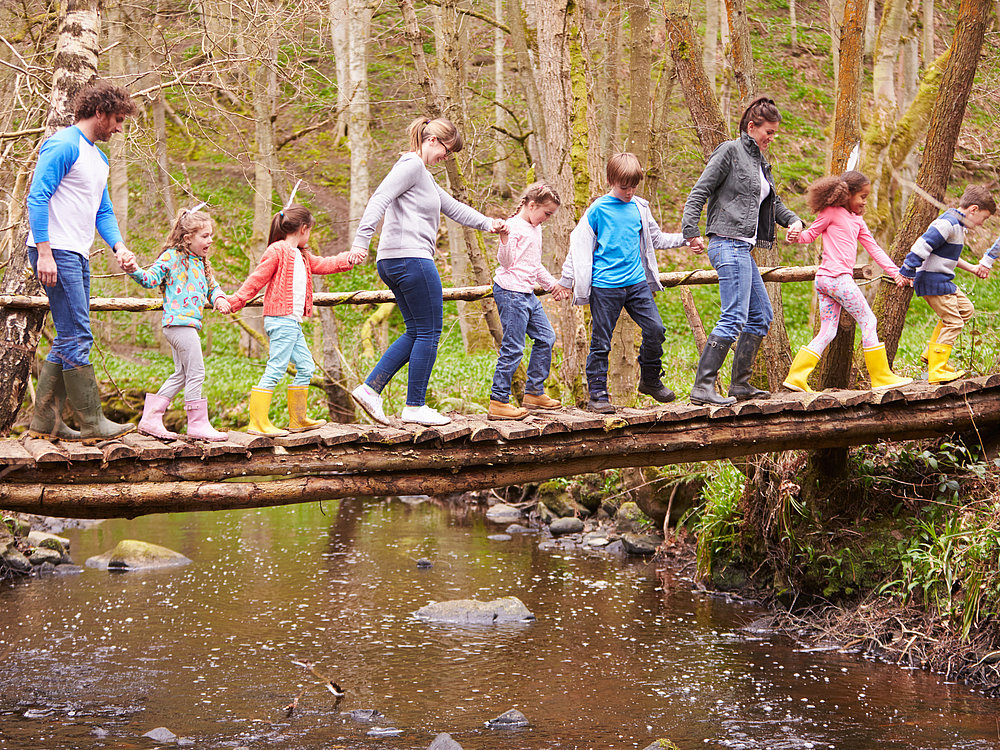 Teilnehmende im FÖJ führen Kinder über eine Brücke im Wald